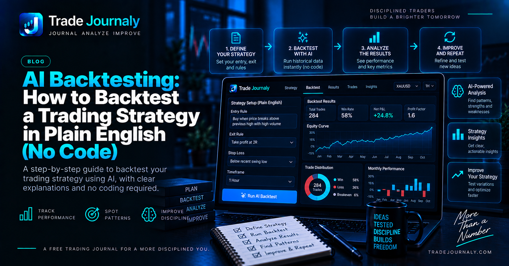 TradeJournaly AI Strategy Backtester Terminal with Weekly P&L Breakdown and Latency Telemetry